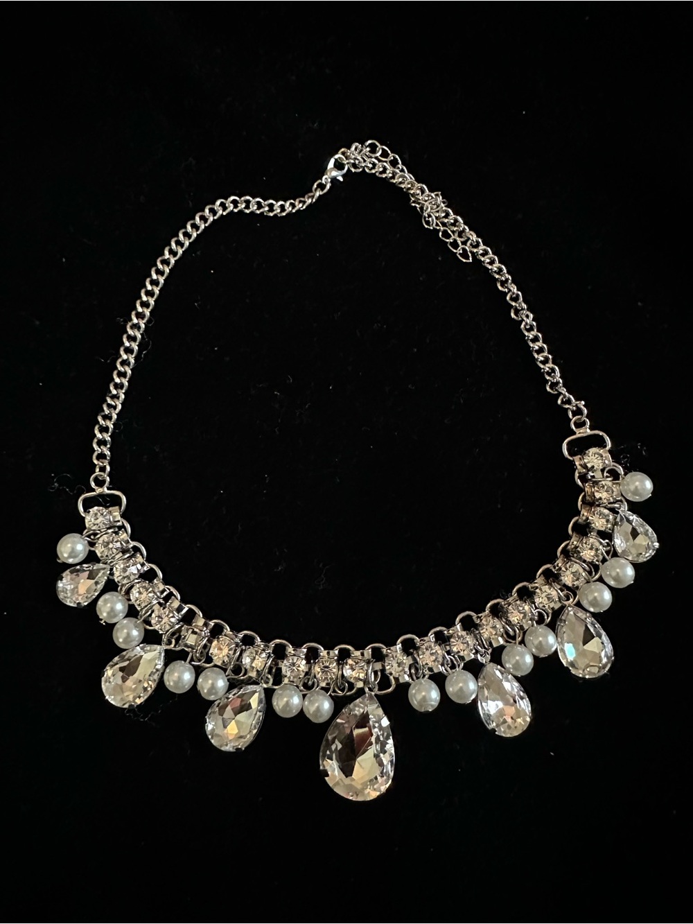 Crystal Teardrop & Pearl Statement Necklace - Silver